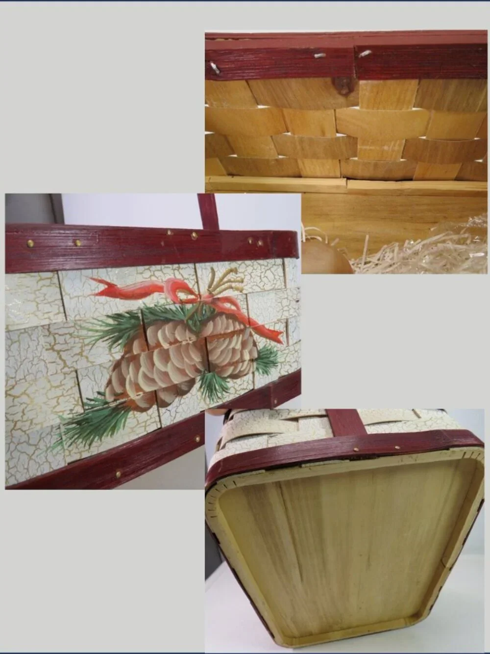 Rustic Holiday Decor Bundle: Wood Crackle Basket,12 Natural Pinecones & Metallic